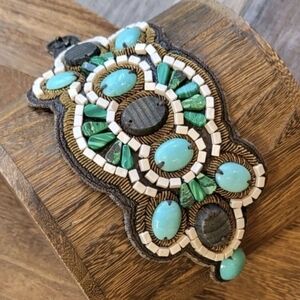 Stella & Dot Stone Beaded Brown Leather Cortez Cuff Wrap Bracelet